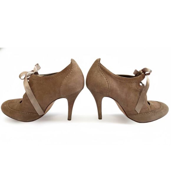 Talbots Booties Heels Suede Leather Tan Beige Lace Up Ribbon Retro Pinup Fall 8B - Picture 6 of 11